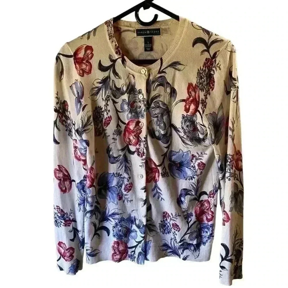 Karen Scott Sweaters - Karen Scott Vintage Women’s Button-down Cardigan Sweater Blue Roses Print Size S